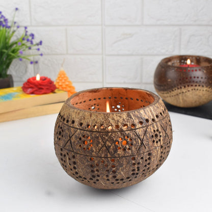 Hand Carved Coconut shell Candle Holder - Eco-Friendly Diwali Gifts (Tropical)