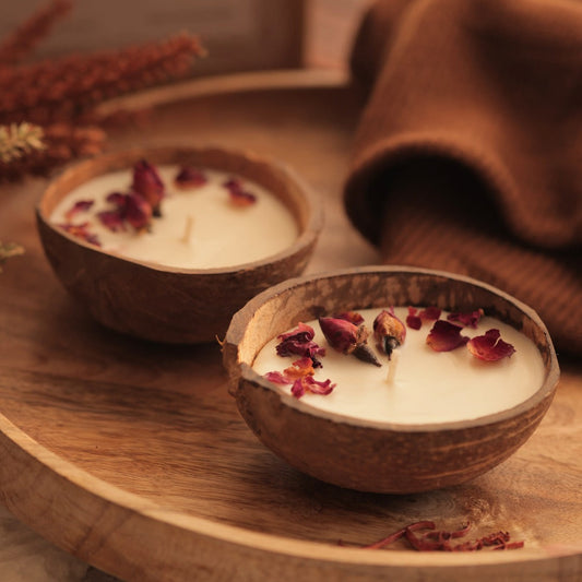 Coconut Shell Candle/Diya | Eco-Friendly Scented Soy Wax - Rose Candle 100 gm (Set of 2)