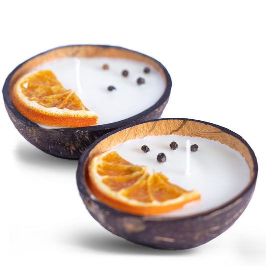 Coconut Shell Candle/Diya | Eco-Friendly Scented Soy Wax Candles for Diwali & Festives - Orange & Pepper, 100g (Set of 2)