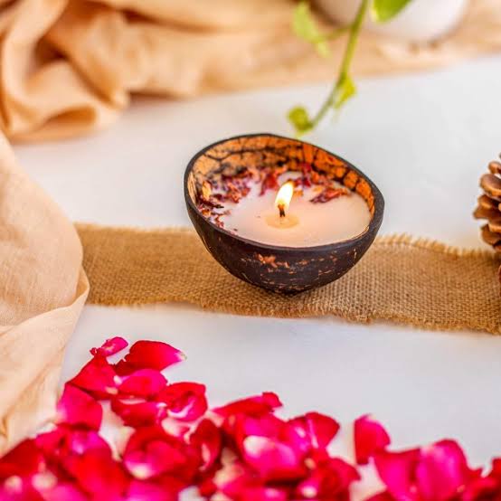 Coconut Shell Candle/Diya | Eco-Friendly Scented Soy Wax - Rose Candle 100 gm (Set of 2)