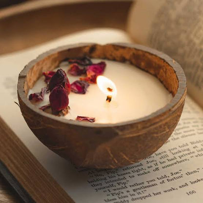 Coconut Shell Candle/Diya | Eco-Friendly Scented Soy Wax - Rose Candle 100 gm (Set of 2)