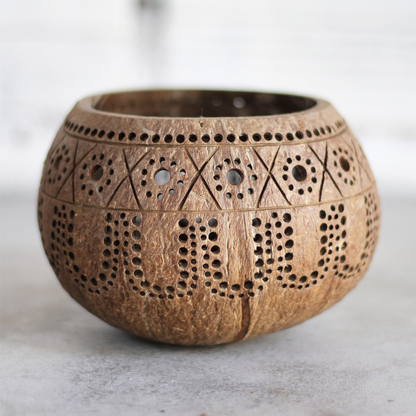 Hand Carved Coconut shell Candle Holder - Eco-Friendly Diwali Gifts (Tropical)