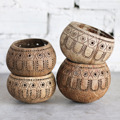 Hand Carved Coconut shell Candle Holder - Eco-Friendly Diwali Gifts (Tropical)