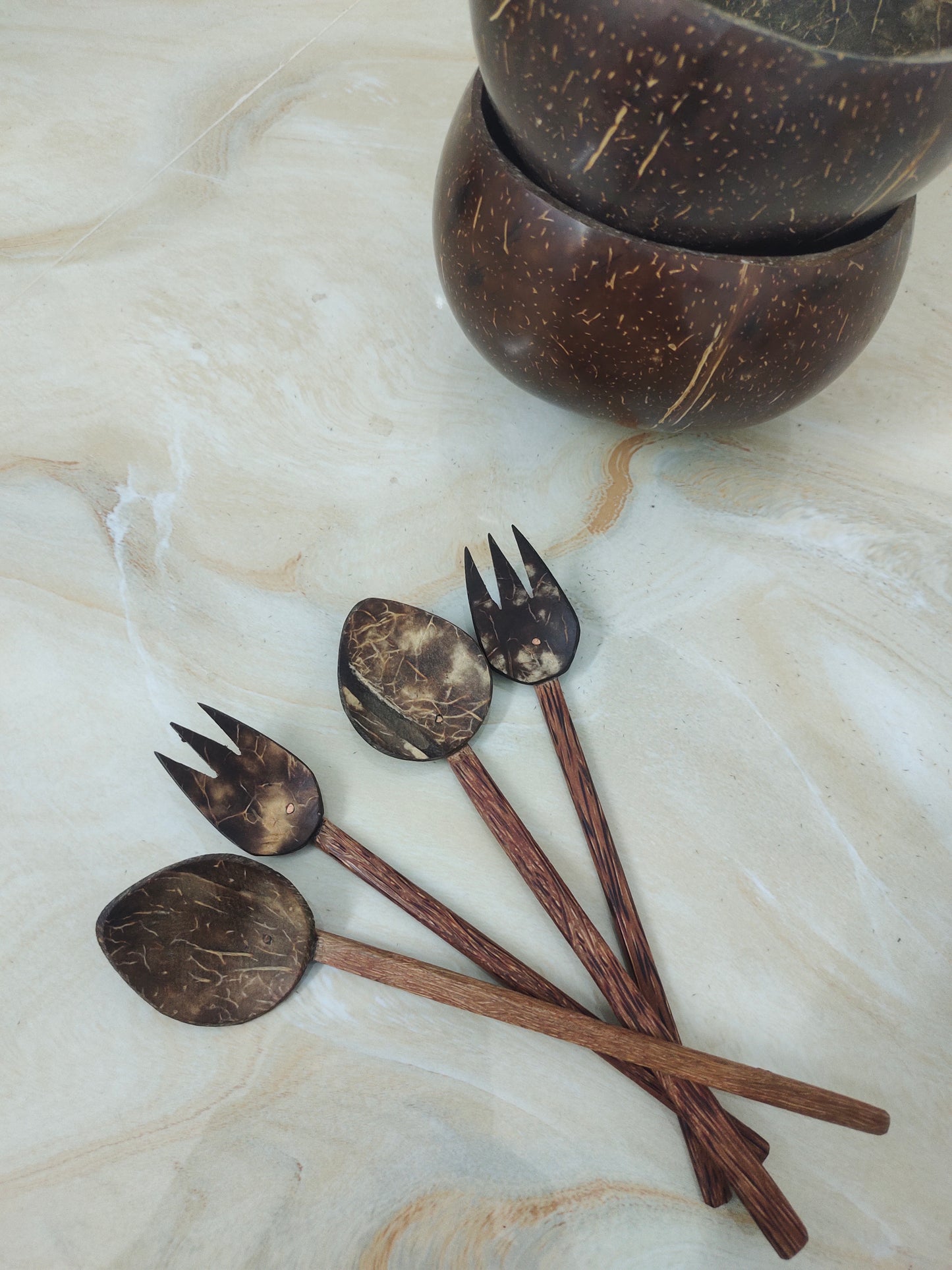 Coconut shell spoon and fork set of 2 in each