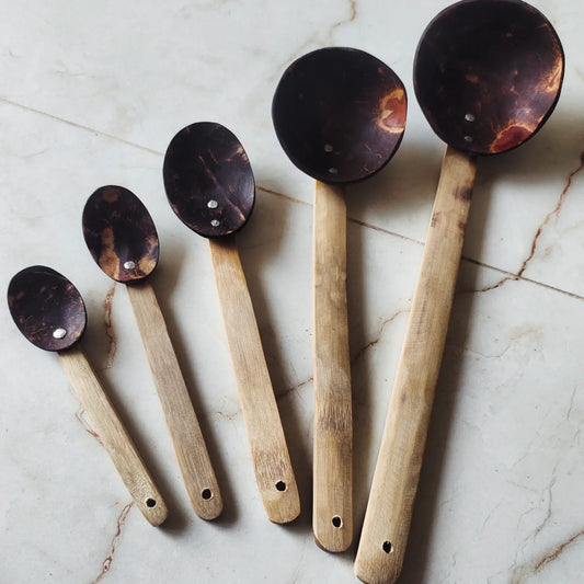 Coconut shell bamboo laddle set of 5
