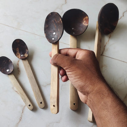 Coconut shell bamboo laddle set of 5