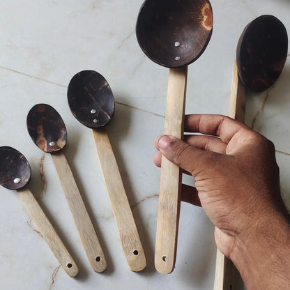 Coconut shell bamboo laddle set of 5