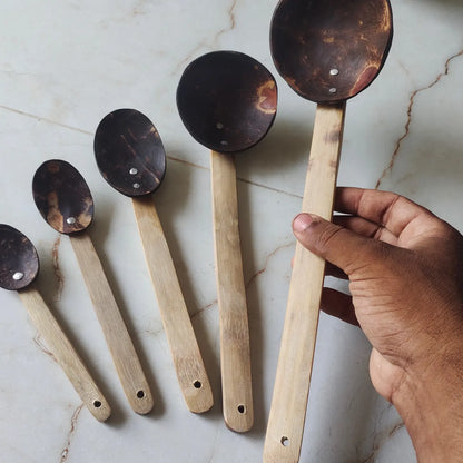 Coconut shell bamboo laddle set of 5