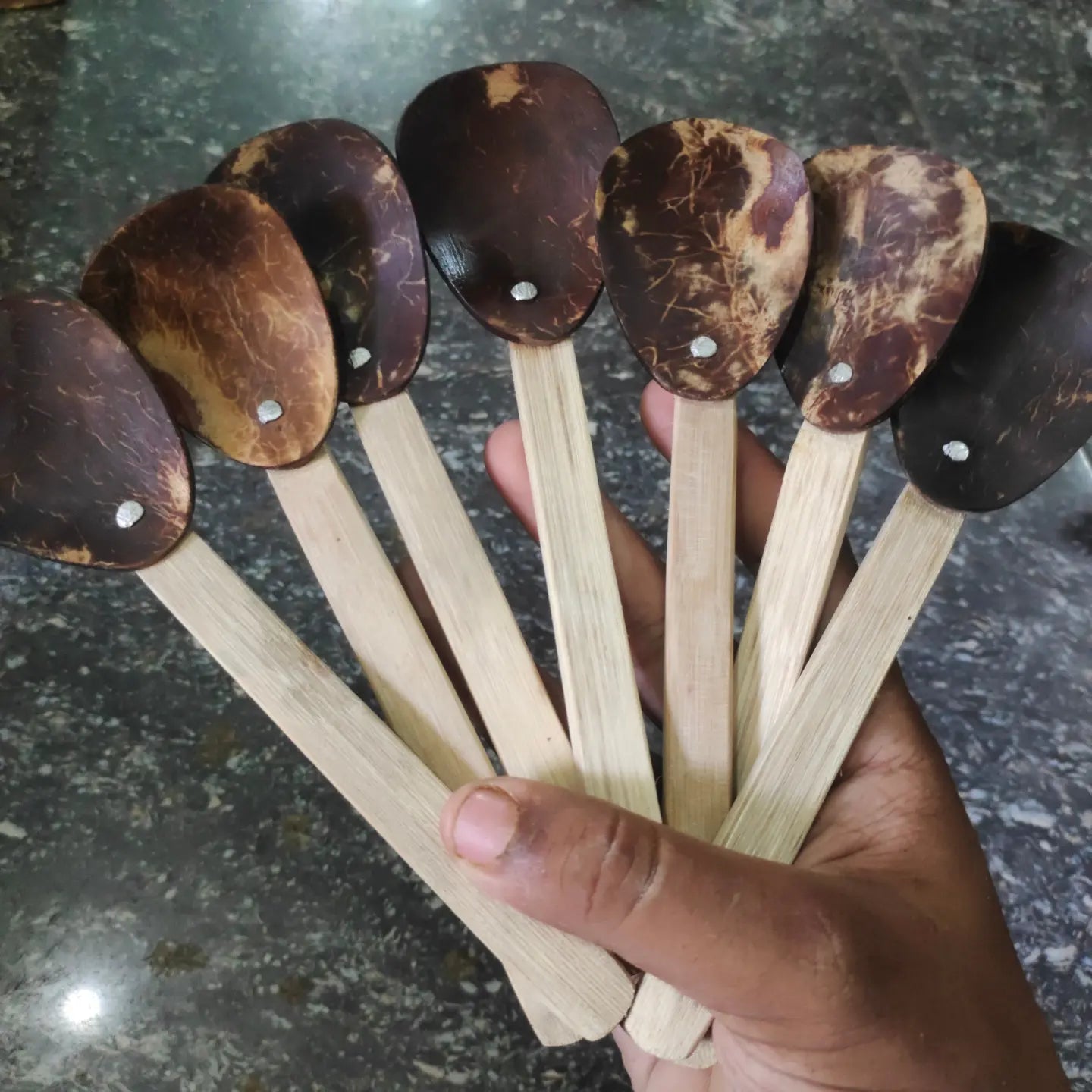 Coconut shell bamboo spoon15cm set of 7